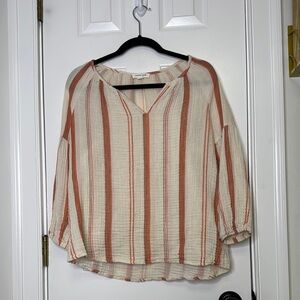 Beachlunchlounge Cream and Brown Boxy Blouse with 3/4 Sleeves